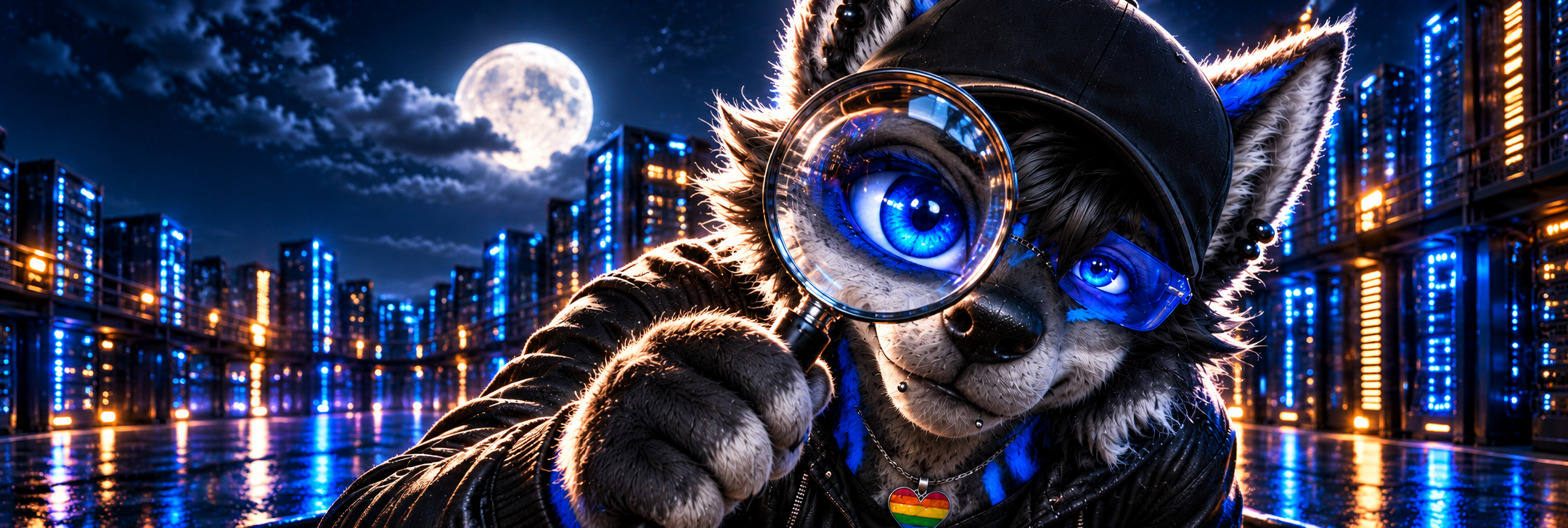 Wolffchen schaut neugierig durch eine Lupe, die sein blaues Auge stark vergrößert. Hinter ihm leuchten Server im Mondlicht.